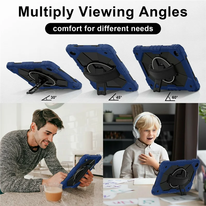 حالة لسامسونج جالكسي تاب A11+ غطاء لوحي من السيليكون + PC مع حامل قابل للطي وشريط عملي - أزرق داكن / أسود