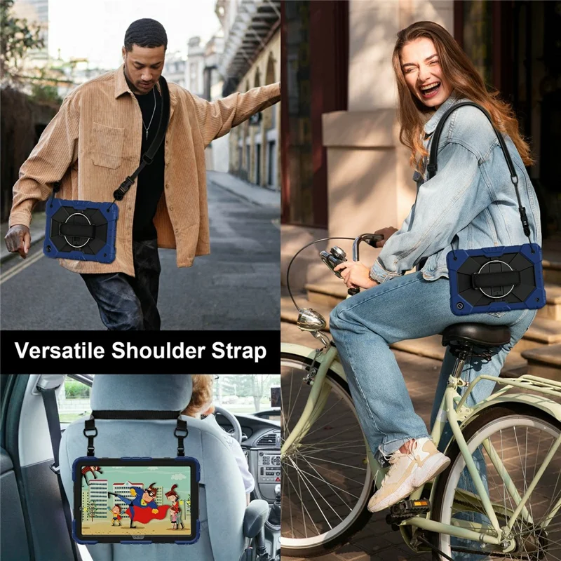 حالة لسامسونج جالكسي تاب A11+ غطاء لوحي من السيليكون + PC مع حامل قابل للطي وشريط عملي - أزرق داكن / أسود