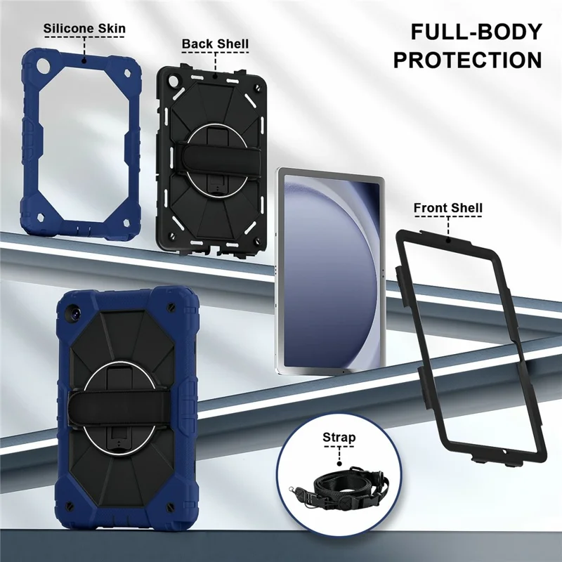 حالة لسامسونج جالكسي تاب A11+ غطاء لوحي من السيليكون + PC مع حامل قابل للطي وشريط عملي - أزرق داكن / أسود