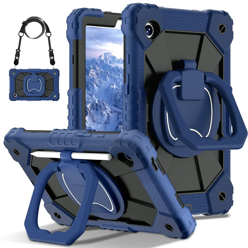 For Samsung Galaxy Tab A11 Case Silicone + PC Hand Grip Kickstand Tablet Cover with Shoulder Strap - Navy Blue  /  Black