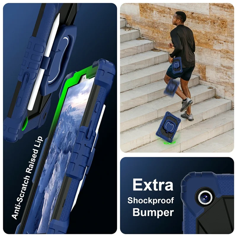 For Samsung Galaxy Tab A11 Case Silicone + PC Hand Grip Kickstand Tablet Cover with Shoulder Strap - Navy Blue  /  Black