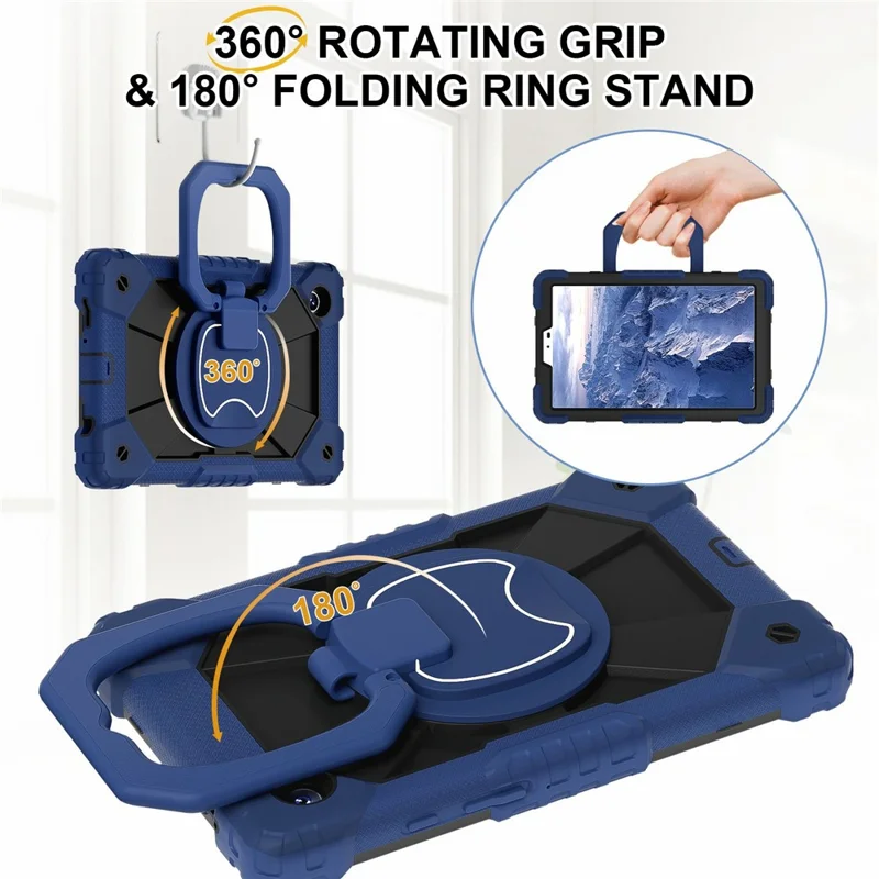 For Samsung Galaxy Tab A11 Case Silicone + PC Hand Grip Kickstand Tablet Cover with Shoulder Strap - Navy Blue  /  Black