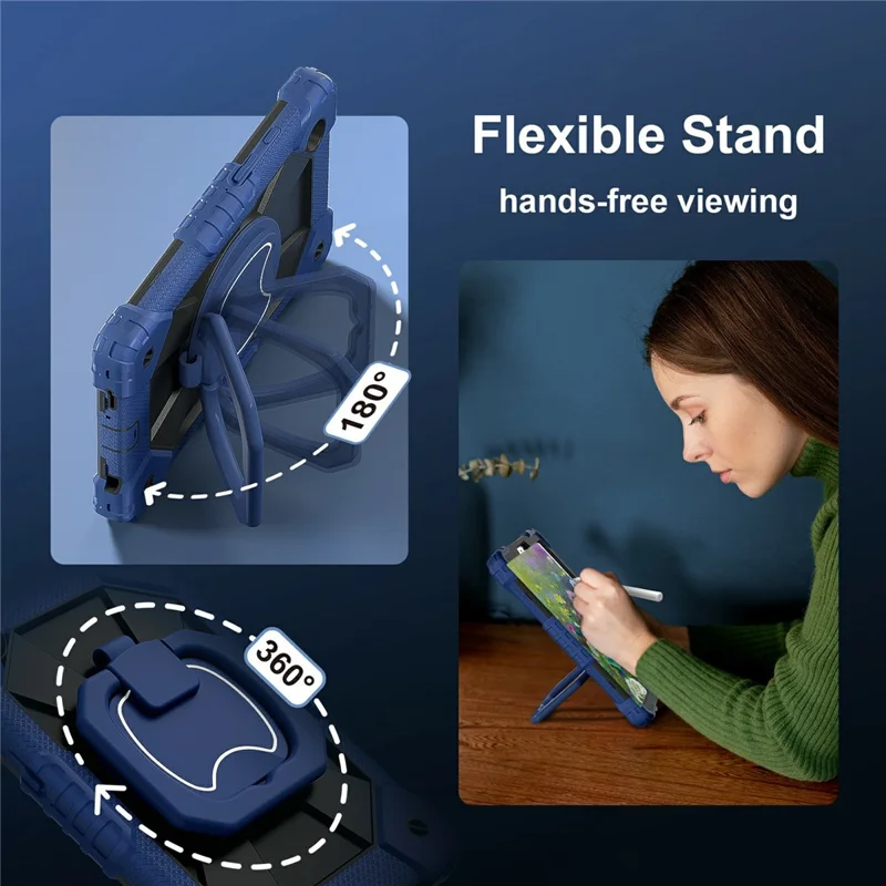 For Samsung Galaxy Tab A11 Case Silicone + PC Hand Grip Kickstand Tablet Cover with Shoulder Strap - Navy Blue  /  Black