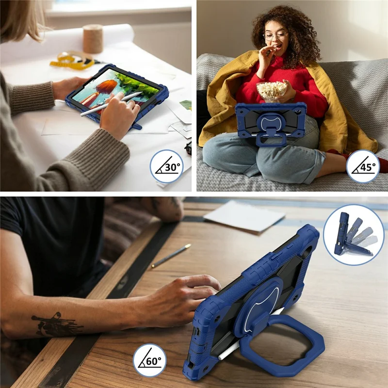 For Samsung Galaxy Tab A11 Case Silicone + PC Hand Grip Kickstand Tablet Cover with Shoulder Strap - Navy Blue  /  Black