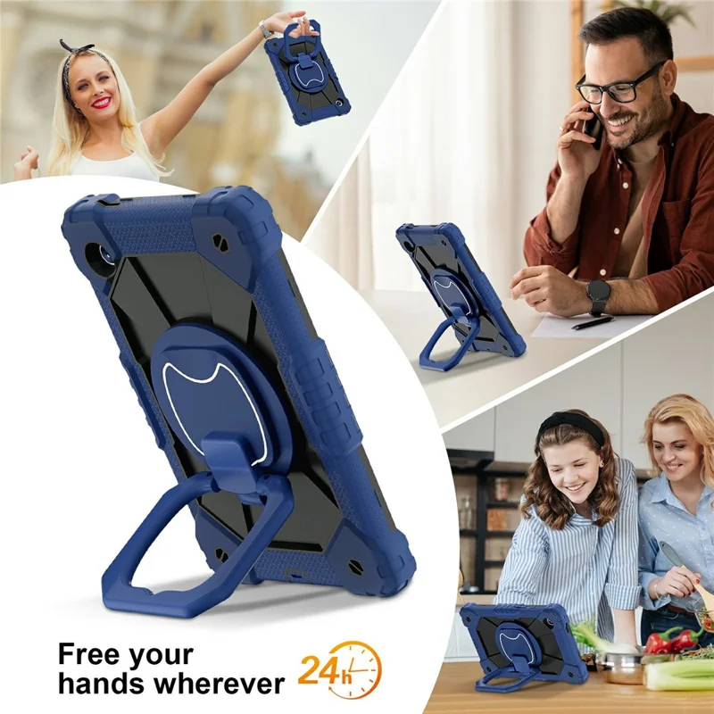 For Samsung Galaxy Tab A11 Case Silicone + PC Hand Grip Kickstand Tablet Cover with Shoulder Strap - Navy Blue  /  Black