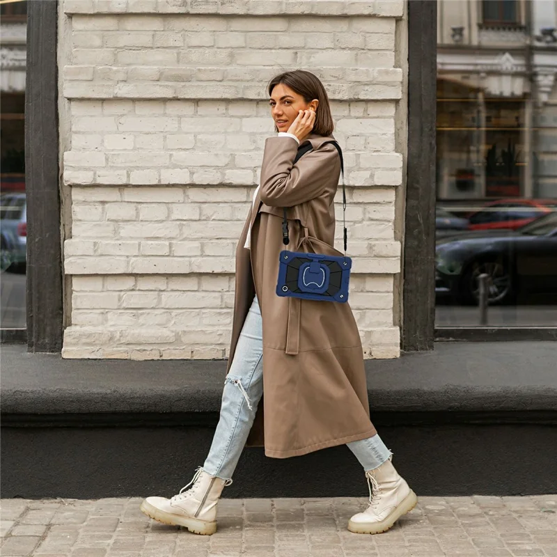 For Samsung Galaxy Tab A11 Case Silicone + PC Hand Grip Kickstand Tablet Cover with Shoulder Strap - Navy Blue  /  Black