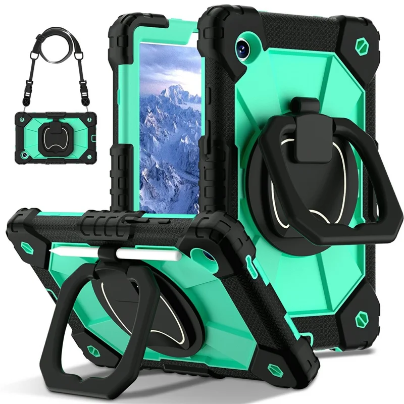 For Samsung Galaxy Tab A11 Case Silicone + PC Hand Grip Kickstand Tablet Cover with Shoulder Strap - Black  /  Mint Green