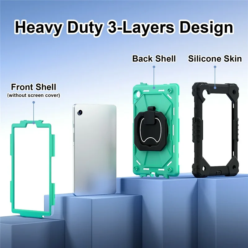 For Samsung Galaxy Tab A11 Case Silicone + PC Hand Grip Kickstand Tablet Cover with Shoulder Strap - Black  /  Mint Green