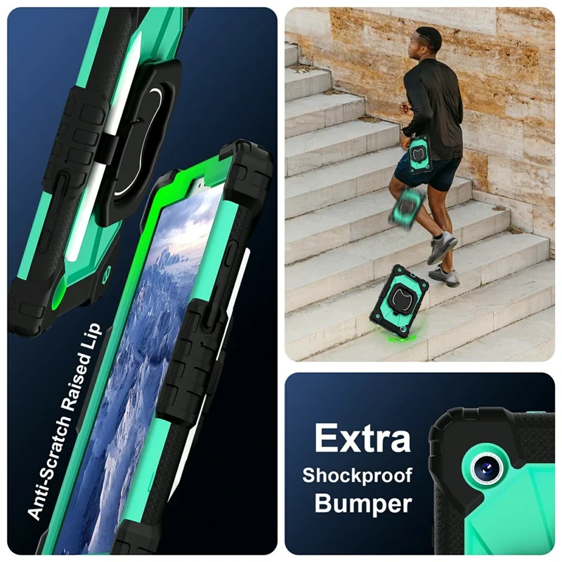 For Samsung Galaxy Tab A11 Case Silicone + PC Hand Grip Kickstand Tablet Cover with Shoulder Strap - Black  /  Mint Green