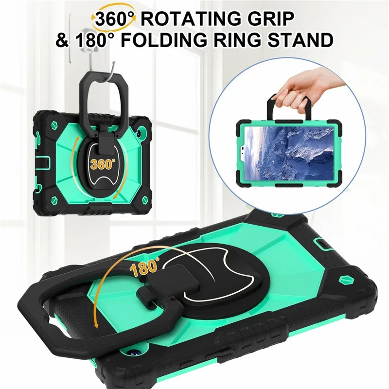 For Samsung Galaxy Tab A11 Case Silicone + PC Hand Grip Kickstand Tablet Cover with Shoulder Strap - Black  /  Mint Green