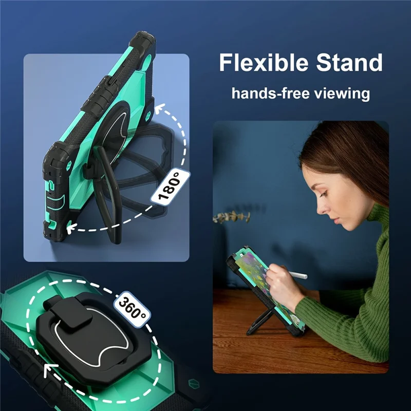 For Samsung Galaxy Tab A11 Case Silicone + PC Hand Grip Kickstand Tablet Cover with Shoulder Strap - Black  /  Mint Green