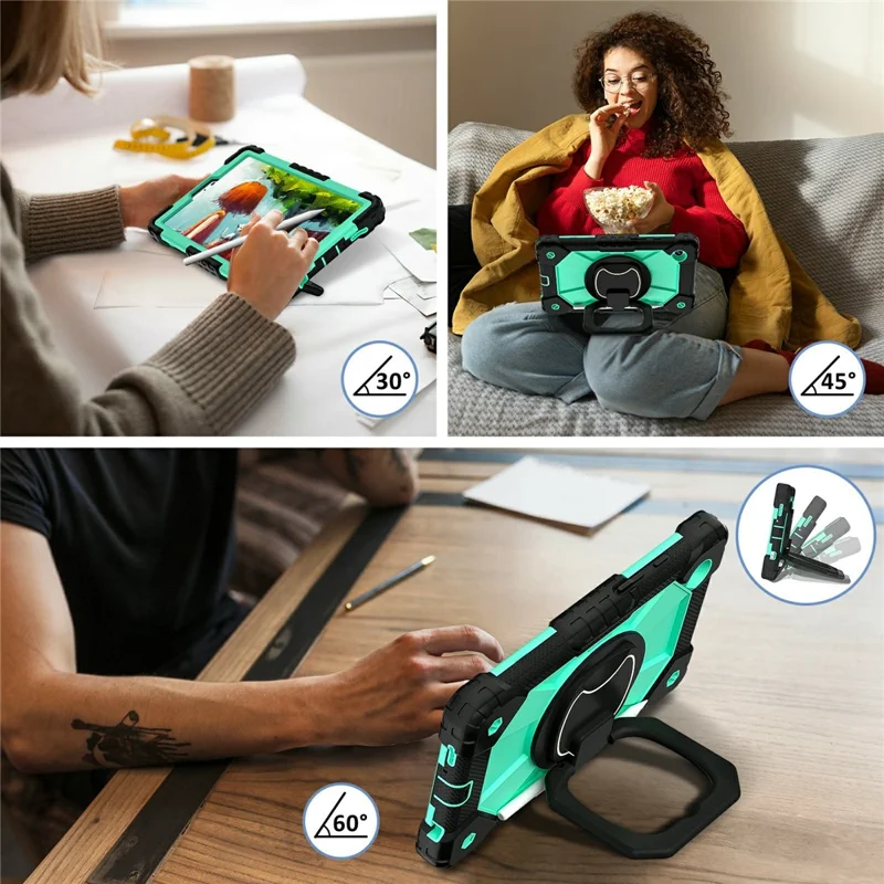 For Samsung Galaxy Tab A11 Case Silicone + PC Hand Grip Kickstand Tablet Cover with Shoulder Strap - Black  /  Mint Green