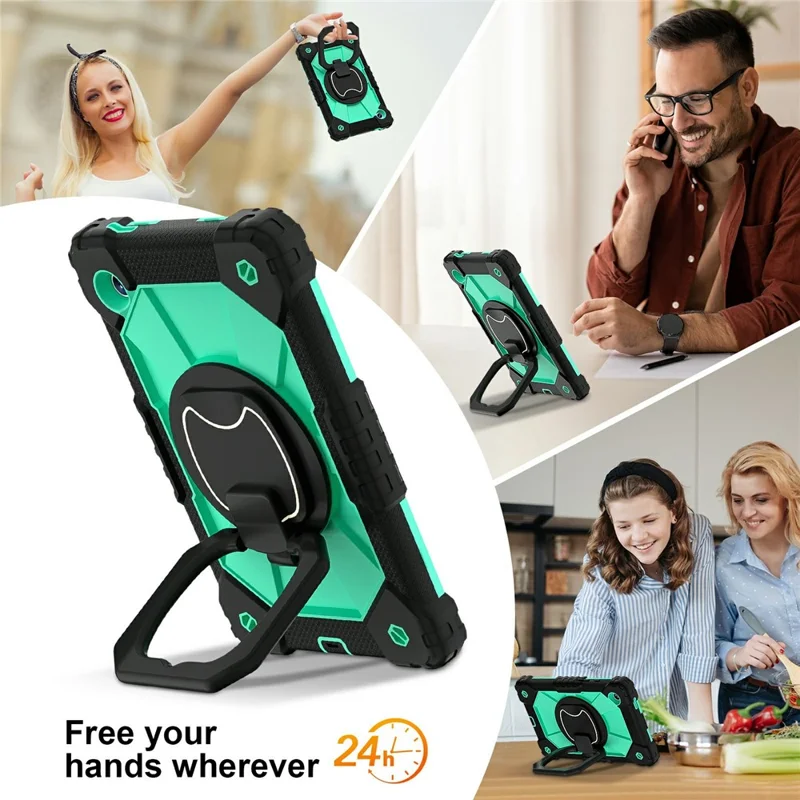 For Samsung Galaxy Tab A11 Case Silicone + PC Hand Grip Kickstand Tablet Cover with Shoulder Strap - Black  /  Mint Green