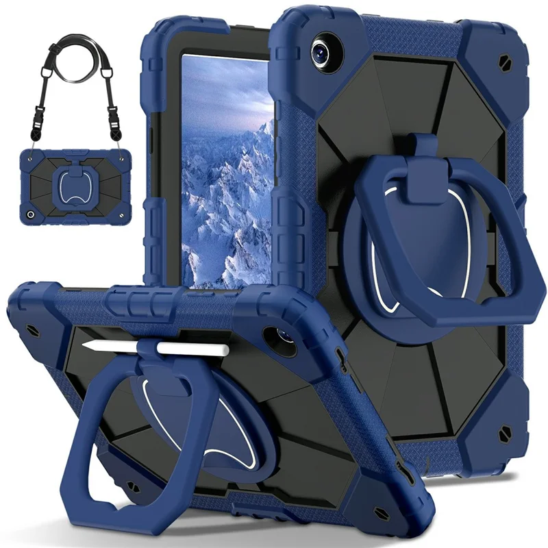 For Samsung Galaxy Tab A11+ Case Silicone + PC Hand Grip Kickstand Tablet Cover with Shoulder Strap - Navy Blue  /  Black