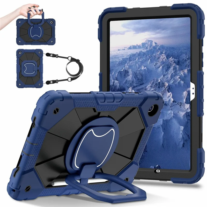 For Samsung Galaxy Tab A11+ Case Silicone + PC Hand Grip Kickstand Tablet Cover with Shoulder Strap - Navy Blue  /  Black