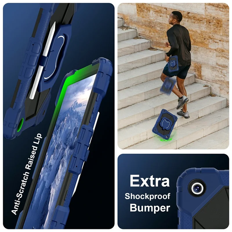 For Samsung Galaxy Tab A11+ Case Silicone + PC Hand Grip Kickstand Tablet Cover with Shoulder Strap - Navy Blue  /  Black