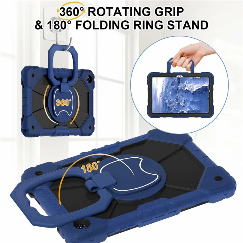 For Samsung Galaxy Tab A11+ Case Silicone + PC Hand Grip Kickstand Tablet Cover with Shoulder Strap - Navy Blue  /  Black