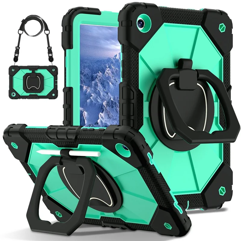 For Samsung Galaxy Tab A11+ Case Silicone + PC Hand Grip Kickstand Tablet Cover with Shoulder Strap - Black  /  Mint Green