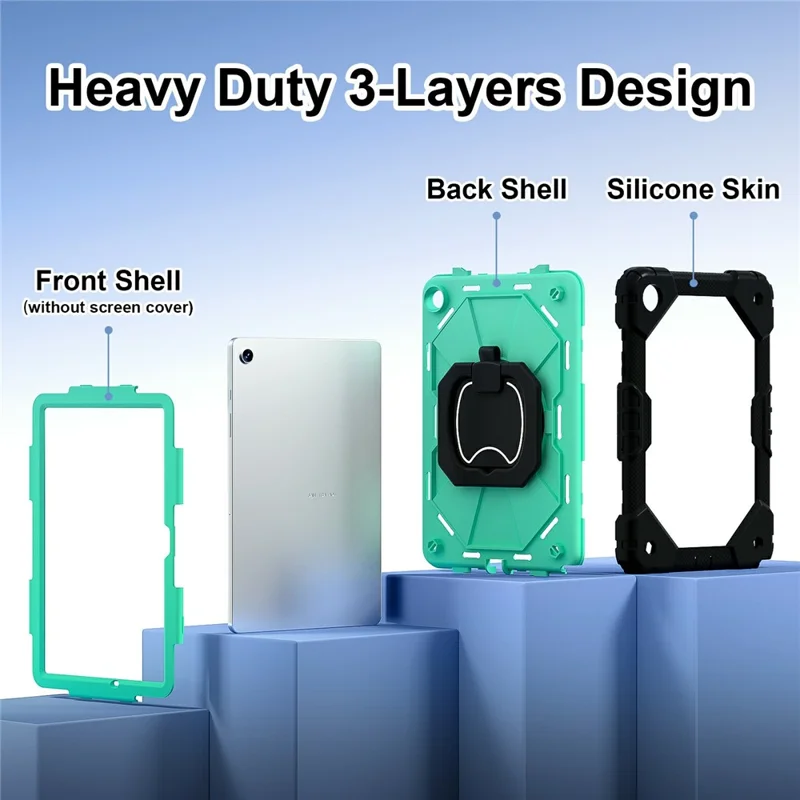 For Samsung Galaxy Tab A11+ Case Silicone + PC Hand Grip Kickstand Tablet Cover with Shoulder Strap - Black  /  Mint Green
