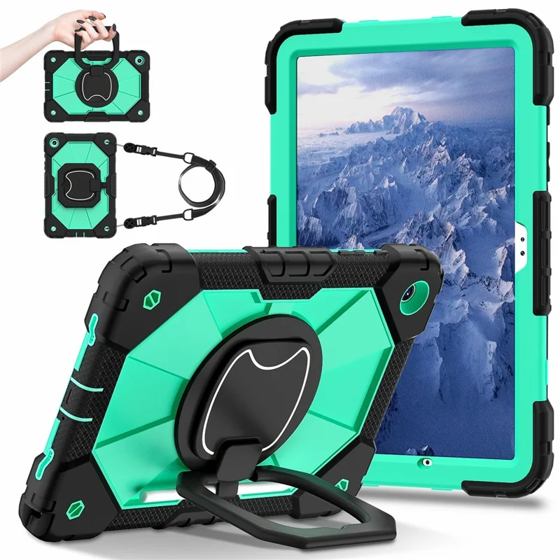 For Samsung Galaxy Tab A11+ Case Silicone + PC Hand Grip Kickstand Tablet Cover with Shoulder Strap - Black  /  Mint Green