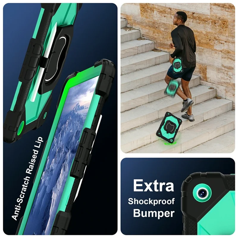 For Samsung Galaxy Tab A11+ Case Silicone + PC Hand Grip Kickstand Tablet Cover with Shoulder Strap - Black  /  Mint Green
