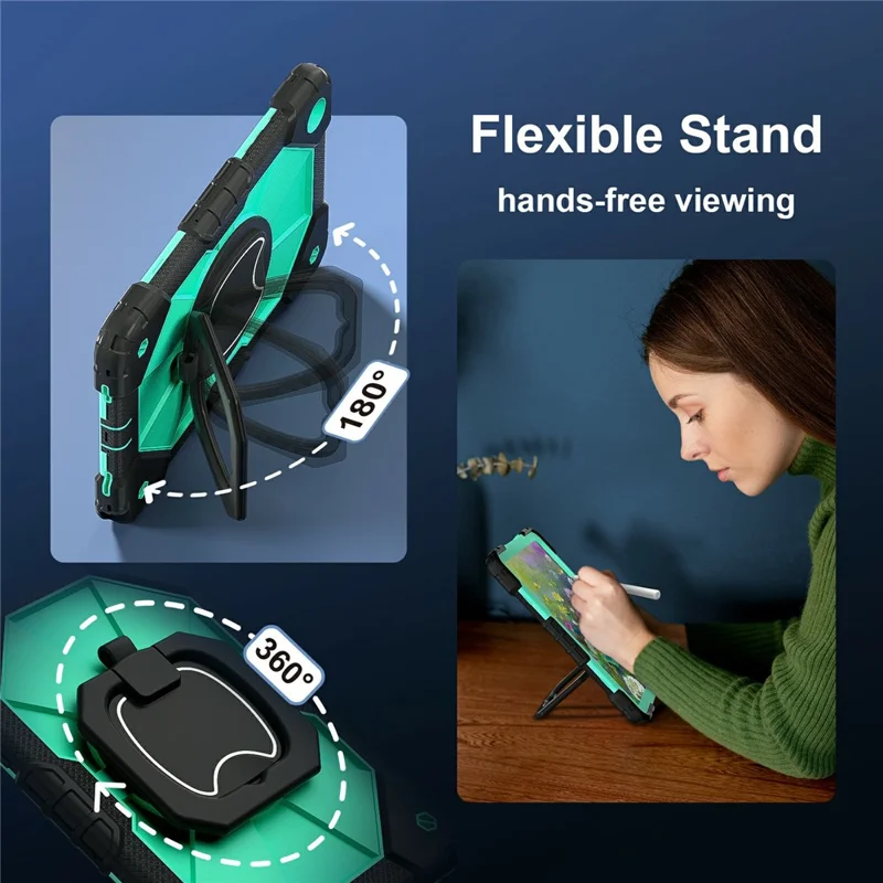 For Samsung Galaxy Tab A11+ Case Silicone + PC Hand Grip Kickstand Tablet Cover with Shoulder Strap - Black  /  Mint Green
