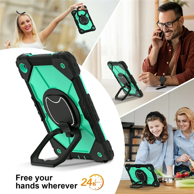For Samsung Galaxy Tab A11+ Case Silicone + PC Hand Grip Kickstand Tablet Cover with Shoulder Strap - Black  /  Mint Green