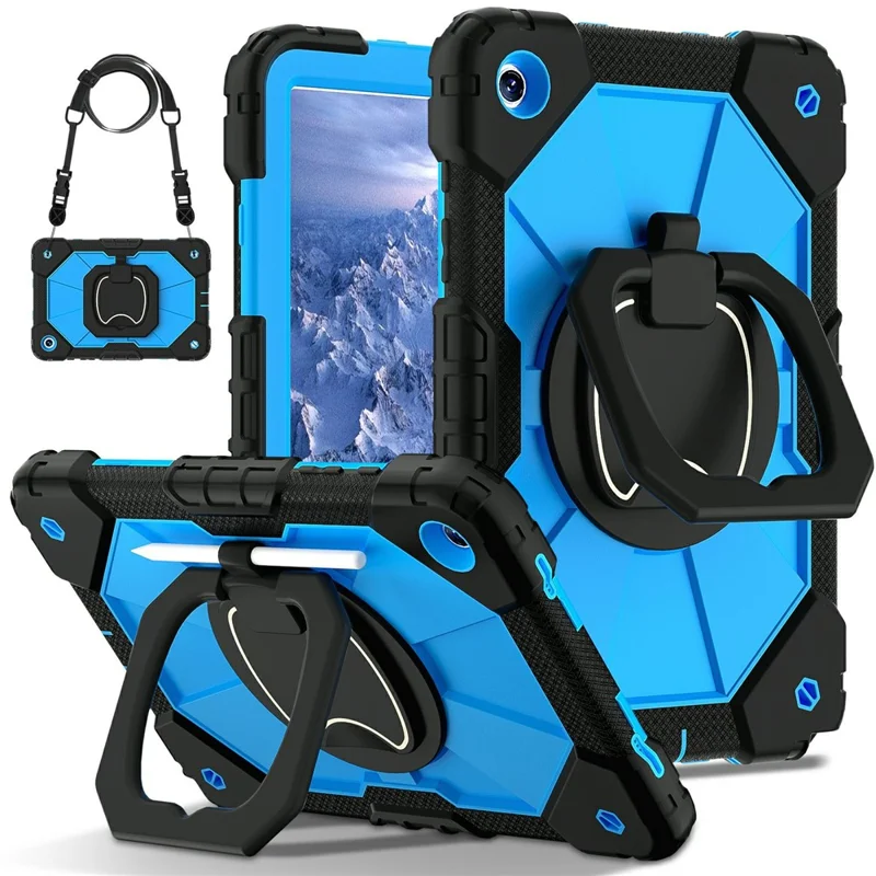 For Samsung Galaxy Tab A11+ Case Silicone + PC Hand Grip Kickstand Tablet Cover with Shoulder Strap - Black  /  Blue