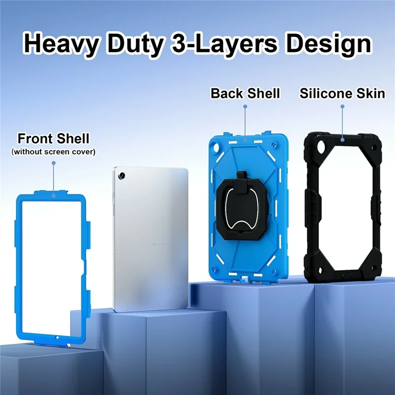 For Samsung Galaxy Tab A11+ Case Silicone + PC Hand Grip Kickstand Tablet Cover with Shoulder Strap - Black  /  Blue