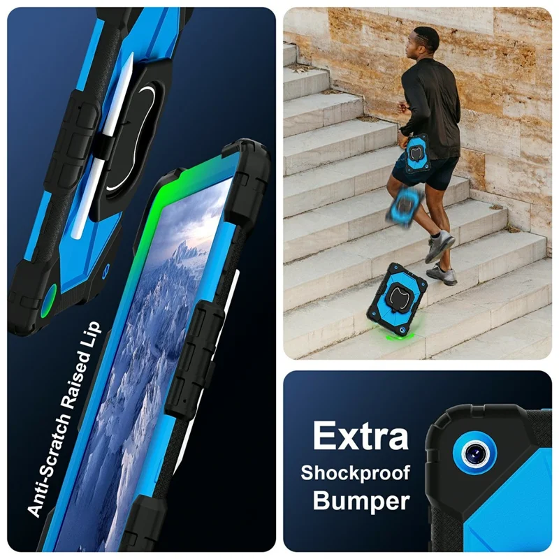 For Samsung Galaxy Tab A11+ Case Silicone + PC Hand Grip Kickstand Tablet Cover with Shoulder Strap - Black  /  Blue
