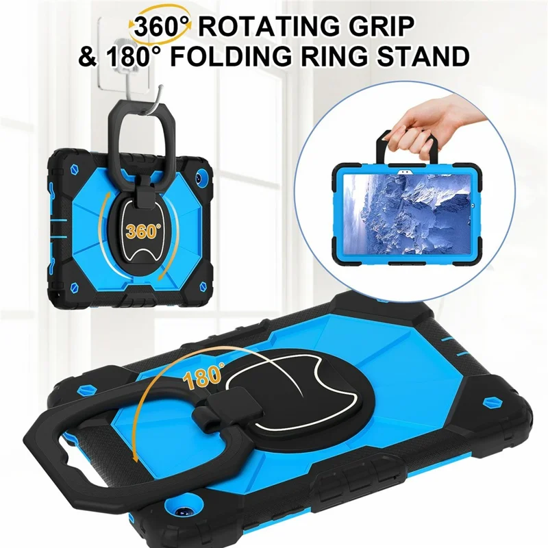 For Samsung Galaxy Tab A11+ Case Silicone + PC Hand Grip Kickstand Tablet Cover with Shoulder Strap - Black  /  Blue