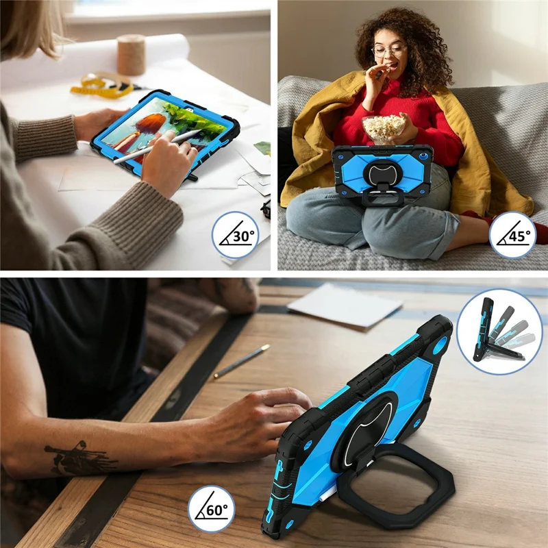 For Samsung Galaxy Tab A11+ Case Silicone + PC Hand Grip Kickstand Tablet Cover with Shoulder Strap - Black  /  Blue