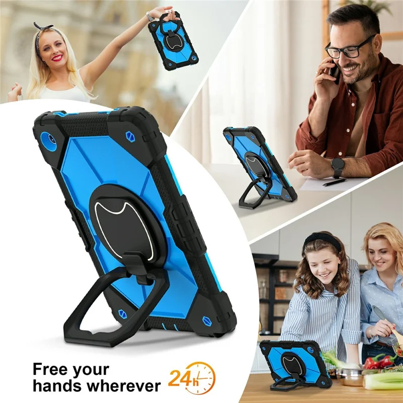 For Samsung Galaxy Tab A11+ Case Silicone + PC Hand Grip Kickstand Tablet Cover with Shoulder Strap - Black  /  Blue