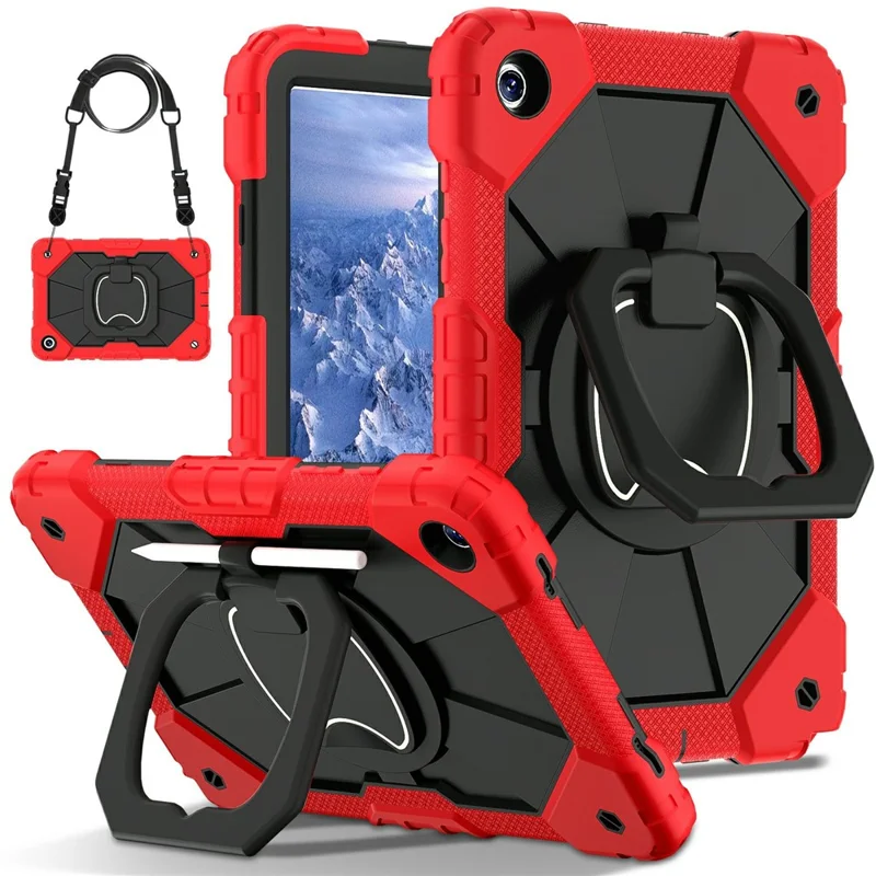 For Samsung Galaxy Tab A11+ Case Silicone + PC Hand Grip Kickstand Tablet Cover with Shoulder Strap - Red  /  Black