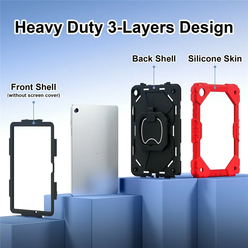 For Samsung Galaxy Tab A11+ Case Silicone + PC Hand Grip Kickstand Tablet Cover with Shoulder Strap - Red  /  Black