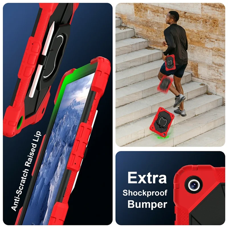 For Samsung Galaxy Tab A11+ Case Silicone + PC Hand Grip Kickstand Tablet Cover with Shoulder Strap - Red  /  Black