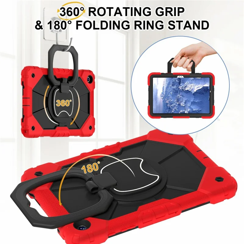 For Samsung Galaxy Tab A11+ Case Silicone + PC Hand Grip Kickstand Tablet Cover with Shoulder Strap - Red  /  Black