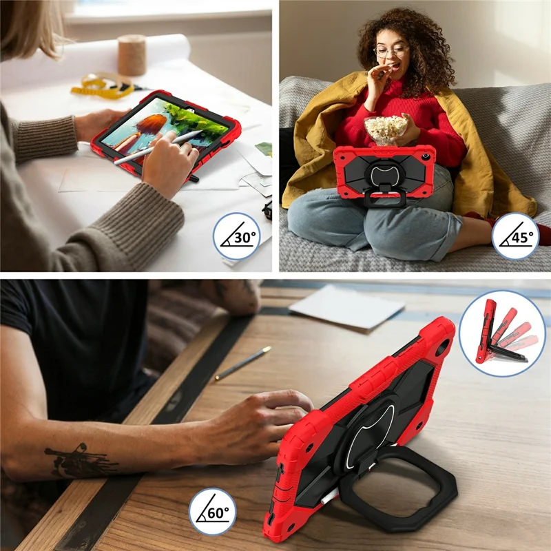 For Samsung Galaxy Tab A11+ Case Silicone + PC Hand Grip Kickstand Tablet Cover with Shoulder Strap - Red  /  Black