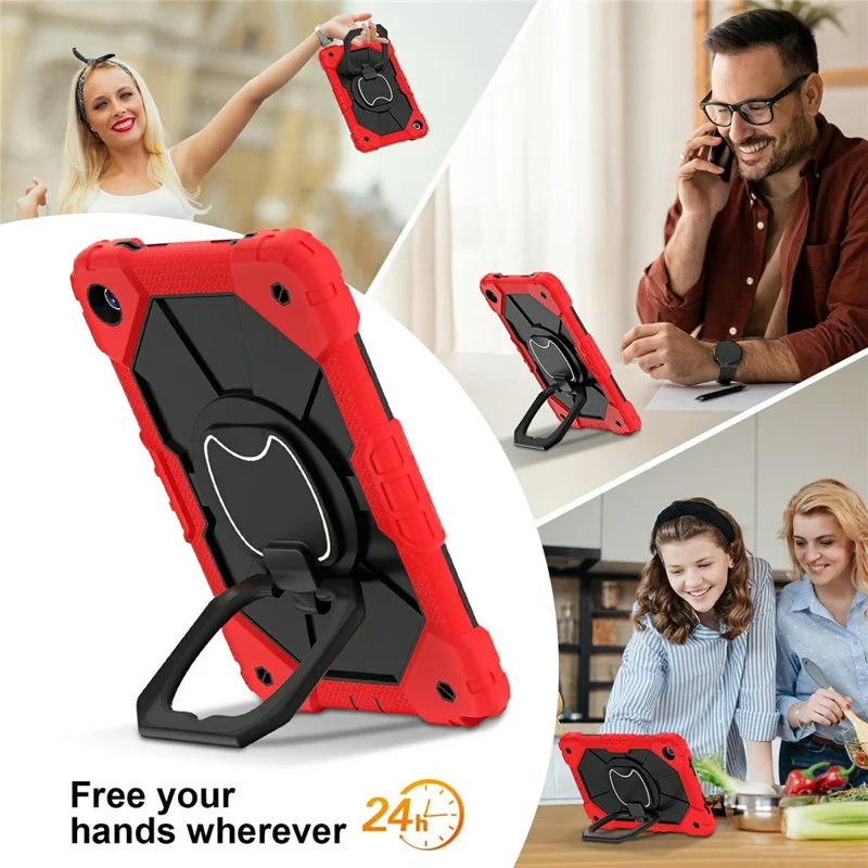 For Samsung Galaxy Tab A11+ Case Silicone + PC Hand Grip Kickstand Tablet Cover with Shoulder Strap - Red  /  Black