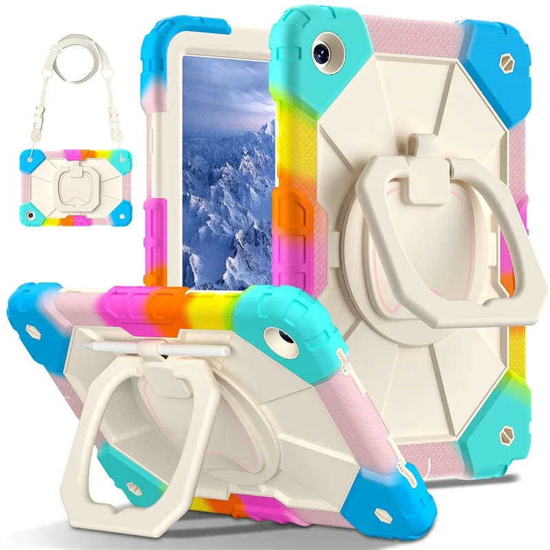 For Samsung Galaxy Tab A11+ Case Silicone + PC Hand Grip Kickstand Tablet Cover with Shoulder Strap - Colorful Blue