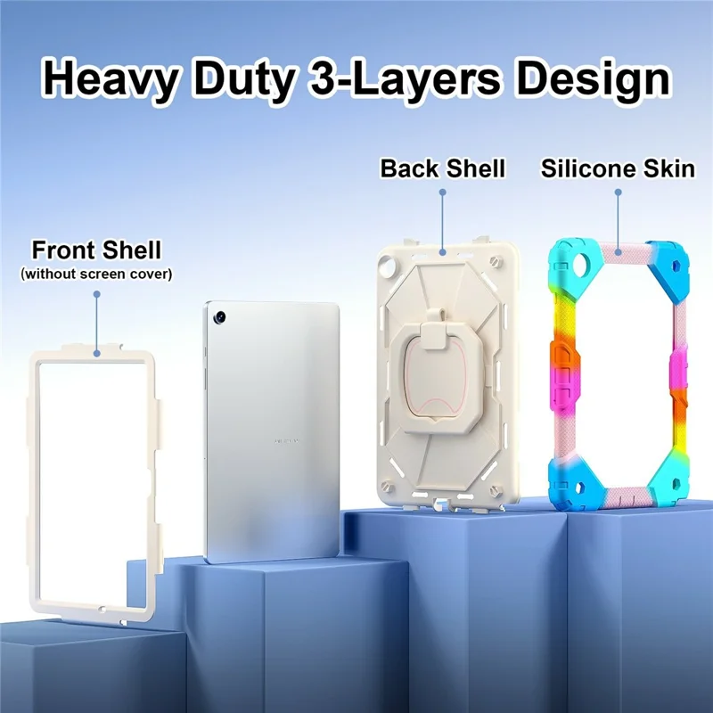 For Samsung Galaxy Tab A11+ Case Silicone + PC Hand Grip Kickstand Tablet Cover with Shoulder Strap - Colorful Blue