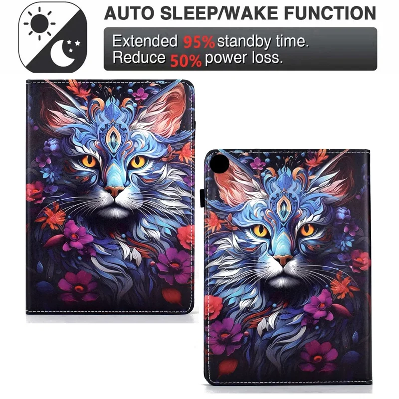 Per Samsung Galaxy Tab A11 / A9 Custodia in Pelle Stampa Motivo Slot per Schede Supporto Sonno Automatico Sveglia Copertura Tablet - Gatto Colorato