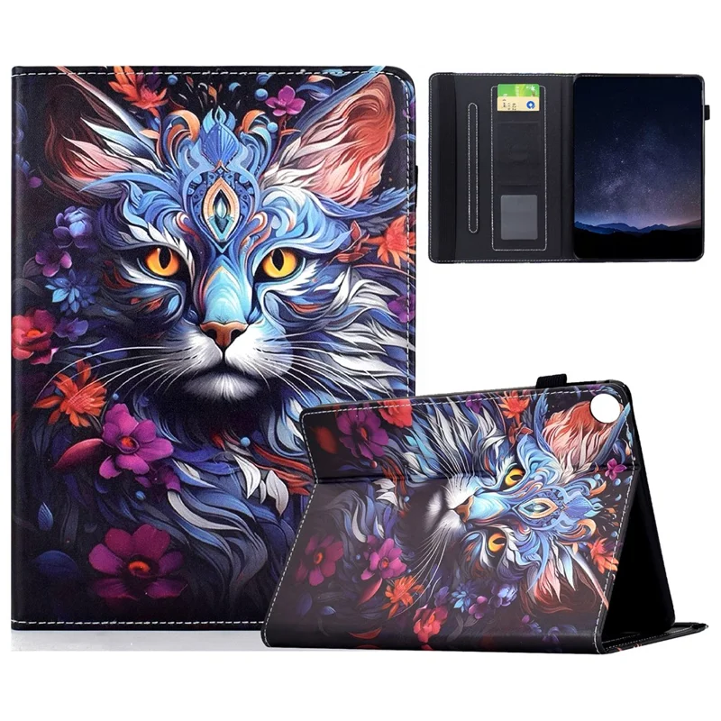 For Samsung Galaxy Tab A11+ / A9+ Leather Case Pattern Print Card Slots Stand Auto Sleep Wake Tablet Cover - Colorful Cat