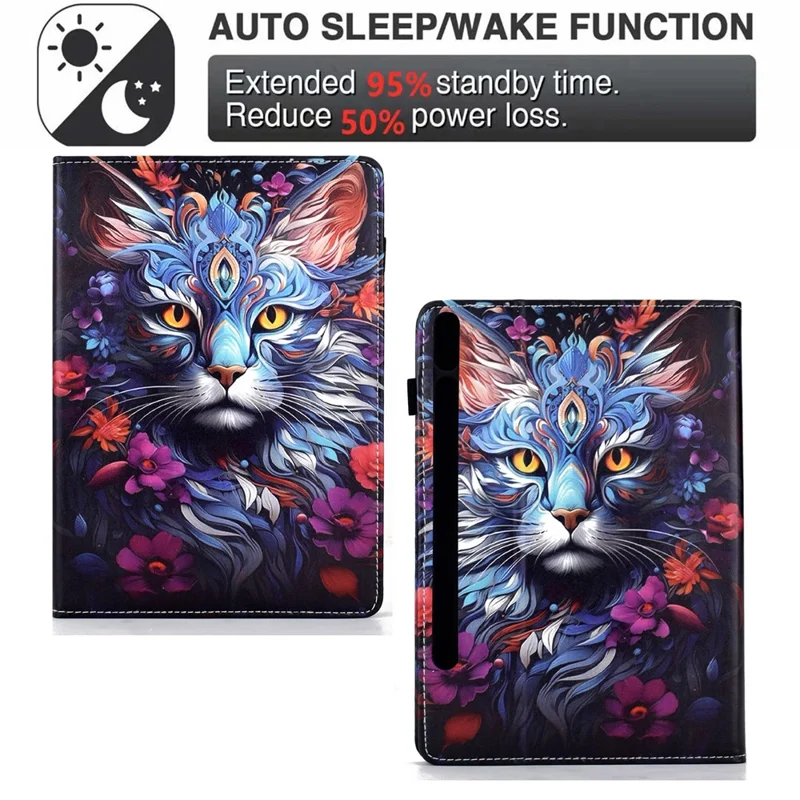 Custodia in pelle per Samsung Galaxy Tab S11 con stampa a motivi, slot per schede, supporto, autosleep/sveglia, cover per tablet - Gatto colorato