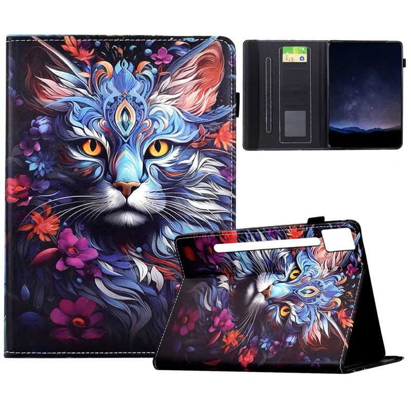 For Lenovo Idea Tab Pro / Tab P12 Pro Gen 2 Leather Case Pattern Print Card Slots Stand Auto Sleep Wake Tablet Cover - Colorful Cat
