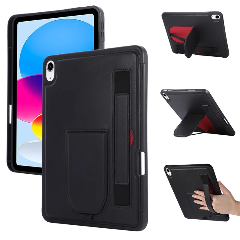For iPad (2025)  /  10.9 (2022) Case Kickstand PU + TPU Tablet Cover with Wristband  /  Pen Slot - Black