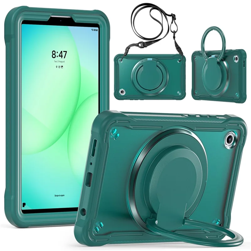 For Samsung Galaxy Tab A11 Case Rotary Kickstand PC + TPU + Silicone Cover with Shoulder Strap - Midnight Green