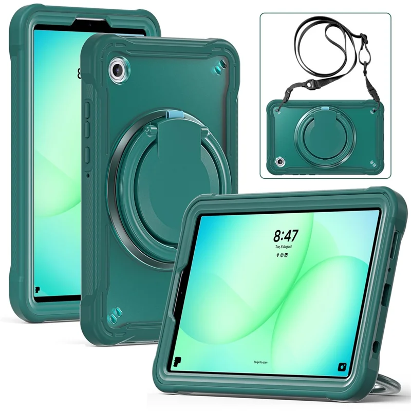 For Samsung Galaxy Tab A11 Case Rotary Kickstand PC + TPU + Silicone Cover with Shoulder Strap - Midnight Green