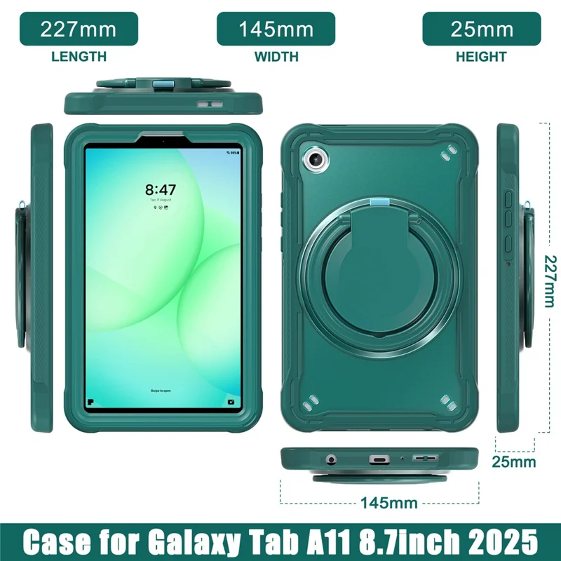 Чехол для Samsung Galaxy Tab A11 с вращающейся подставкой, ПК + ТПУ + силиконовый чехол для планшета - Полночно-зеленый