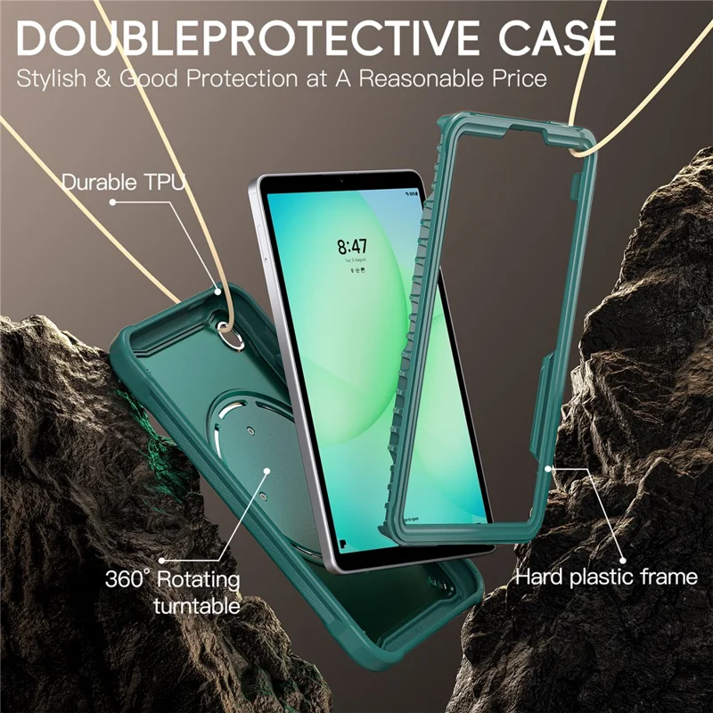 Чехол для Samsung Galaxy Tab A11 с вращающейся подставкой, ПК + ТПУ + силиконовый чехол для планшета - Полночно-зеленый